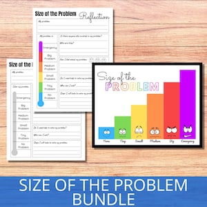 May include: A printable worksheet for kids to learn about the size of problems. The worksheet includes a thermometer with different levels of problems, from "No Problem" to "Emergency". There is also a chart with different levels of problems, from "None" to "Emergency", with corresponding facial expressions.