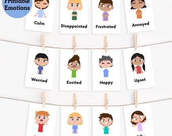 May include: A set of 14 printable cards featuring cartoon illustrations of different emotions. Each card shows a child with a different facial expression and the corresponding emotion word below: Calm, Disappointed, Frustrated, Annoyed, Worried, Excited, Happy, Upset, Angry, Sad, Scared, Silly.