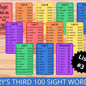 Sight Word Flashcards, Fry&#39;s Third 100 Sight Words Printable, Grade 1 and Grade 2 High Frequency Word List, Word Wall, Reading practice
