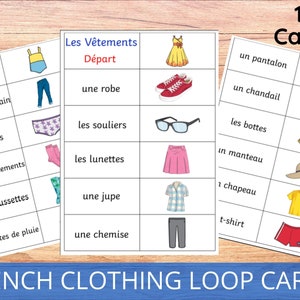 フランスの衣服ループカード、基礎フランス語、フランスの教室リソース、印刷可能な学習カード、フランス語学習、フラッシュカード