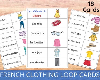 French clothing loop cards, basic French, France classroom resources, printable learning cards, learning French, flashcards