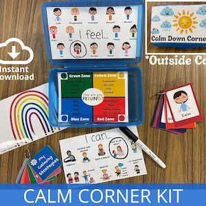 Kit angolo di calma, kit stampabile di regolazione emotiva per bambini, sentimenti di apprendimento, zone di autoregolamentazione, kit di abilità per rilassarsi, pausa sensoriale
