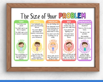 May include: A colorful poster titled "The Size of Your Problem" with five different colored sections. Each section has a cartoon child and text describing different types of problems. The sections are labeled "Tiny", "Small", "Medium", "Big", and "Emergency".