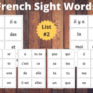 French Sight Word flashcards - List #2, learning basic French, France classroom, French printable, high frequency sight words, Kindergarten