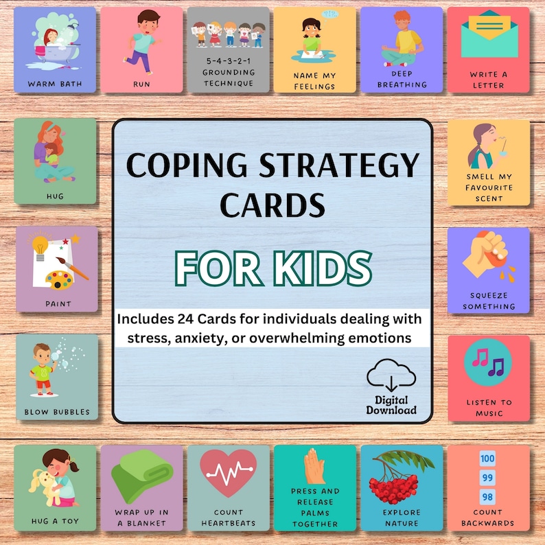May include: A set of 24 digital download coping strategy cards for kids. The cards feature colorful illustrations and text with coping strategies for dealing with stress, anxiety, or overwhelming emotions.  The cards include strategies such as taking a warm bath, running, deep breathing, writing a letter, hugging, painting, blowing bubbles, hugging a toy, wrapping up in a blanket, counting heartbeats, pressing and releasing palms together, exploring nature, counting backwards, smelling a favorite scent, squeezing something, and listening to music.