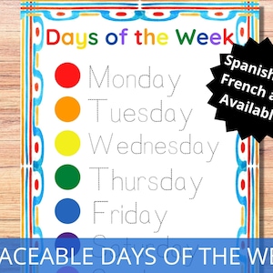 DAYS of the WEEK printable, Tracing the days of the week, Montessori calendar practice, what day is it, preschool worksheet, homeschool