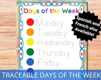 DAYS of the WEEK printable, Tracing the days of the week, Montessori calendar practice, what day is it, preschool worksheet, homeschool