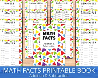 May include: A printable book of math facts for addition and subtraction. The cover features a colorful design of triangles in red, orange, yellow, green, blue, and purple on a white background. The title "MATH FACTS" is in black text with the words "Addition & Subtraction" below it.