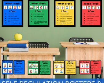 May include: Four colorful posters with illustrations of children and text that reads "When I Feel: I Can" and "My Feelings: What I Can Do". The posters are designed to help children learn self-regulation skills.