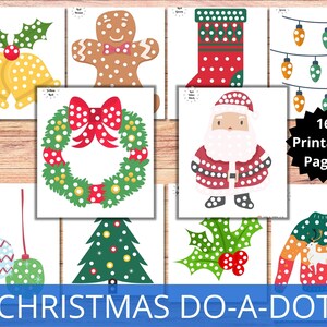 May include: A set of 16 printable Christmas-themed dot-to-dot activity pages. The pages feature images of a gingerbread man, a stocking, a wreath, Santa Claus, a Christmas tree, ornaments, a sweater, and a string of lights. Each image is made up of dots that children can connect to create the picture.