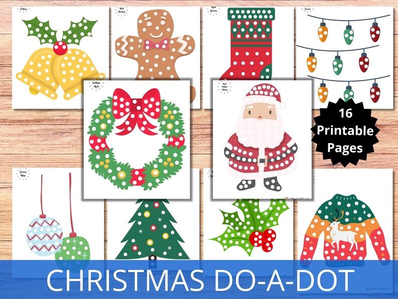 May include: A set of 16 printable Christmas-themed dot-to-dot activity pages. The pages feature images of a gingerbread man, a stocking, a wreath, Santa Claus, a Christmas tree, ornaments, a sweater, and a string of lights. Each image is made up of dots that children can connect to create the picture.