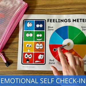 Op de afbeelding: Een Gevoelensmeter met een kleurrijk wiel dat is verdeeld in secties met de labels "Blauwe Zone", "Groene Zone" en "Rode Zone". Een zwarte wijzer is ingesteld op de "Rode Zone". Links van het wiel is een raster met negen cartoongezichten met verschillende uitdrukkingen te zien. De tekst "FEELINGS METER" staat bovenaan het wiel. De tekst "EMOTIONAL SELF CHECK-IN" staat onderaan de afbeelding.