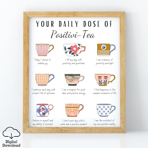 May include: A printable wall art design with the text "Your Daily Dose of Positivi-Tea". The design features nine colorful teacups with positive affirmations written below each cup.