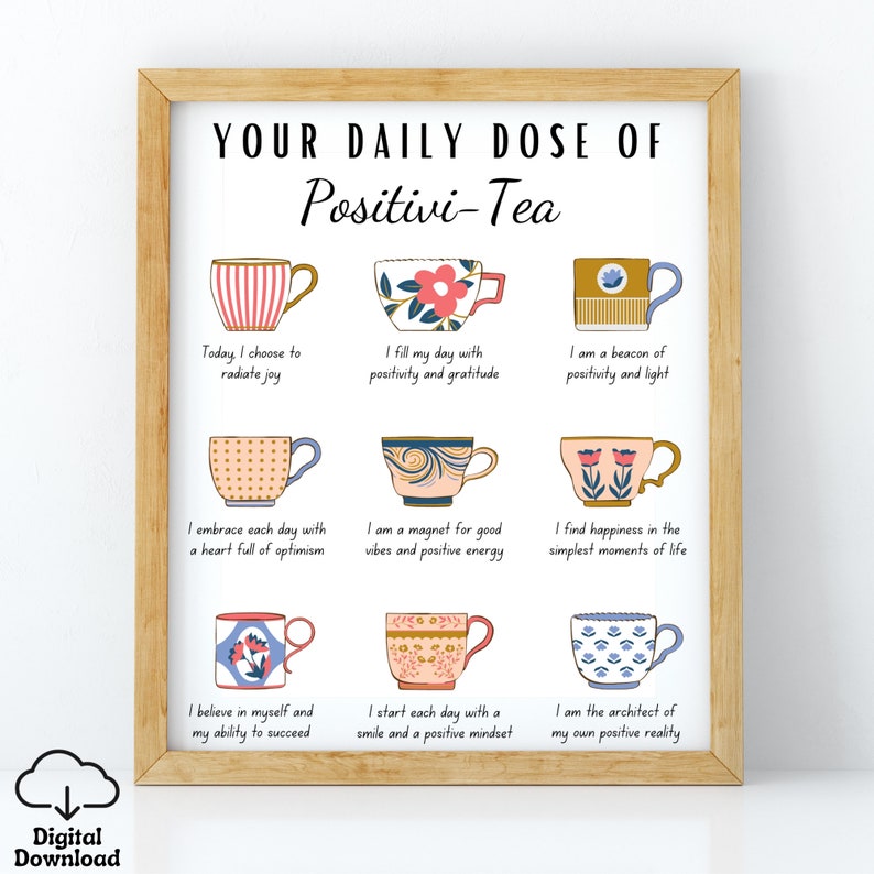 May include: A printable wall art design with the text "Your Daily Dose of Positivi-Tea". The design features nine colorful teacups with positive affirmations written below each cup.