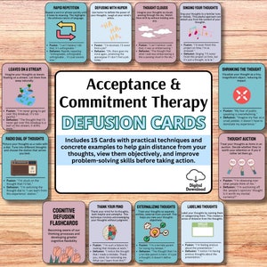 Flashcards de desfusão ACT, terapia ACT, desfusão cognitiva, flashcards de TCC, flexibilidade psicológica, cartões de habilidades de enfrentamento, alívio de ansiedade