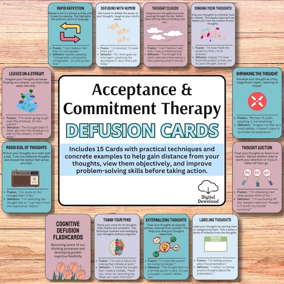 ACT Defusion Flashcards, ACT Therapy, Cognitive Defusion, CBT Flashcards, Psychological Flexibility, Coping Skills Cards, Anxiety Relief