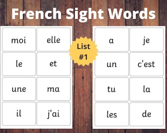 French Sight Word flashcards - List #1, learning basic French, France classroom, French printable, high frequency sight words, Kindergarten