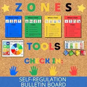 Tablón de anuncios de zonas de autorregulación, herramientas de rincón calmante, regulación emocional, apoyo ASD, estrategias de afrontamiento, decoración de consejero escolar
