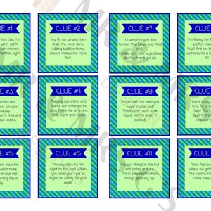 May include: Twelve green and blue striped cards with the word "CLUE" and a number from 1 to 12 on each card. Each card has a different riddle written on it.