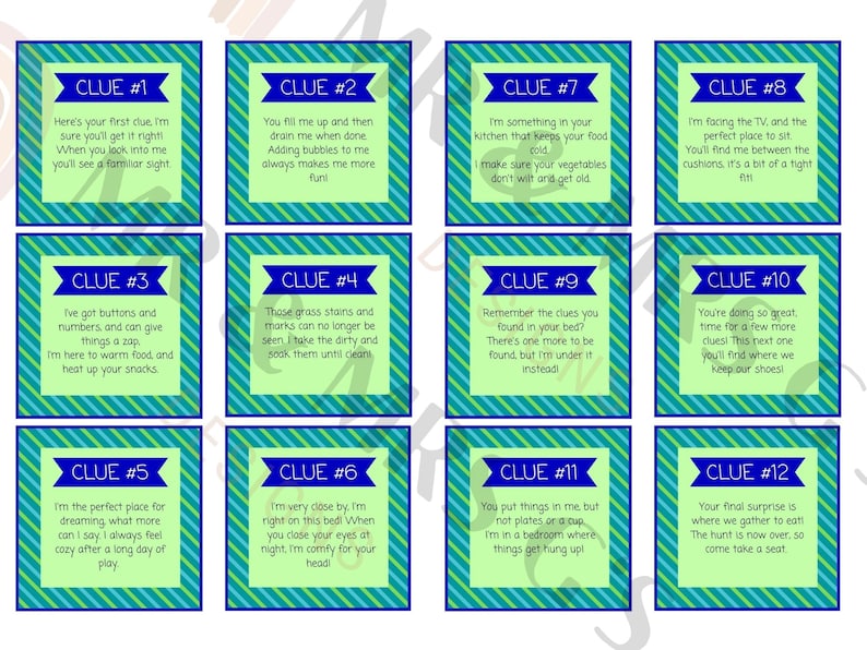 May include: Twelve green and blue striped cards with the word "CLUE" and a number from 1 to 12 on each card. Each card has a different riddle written on it.
