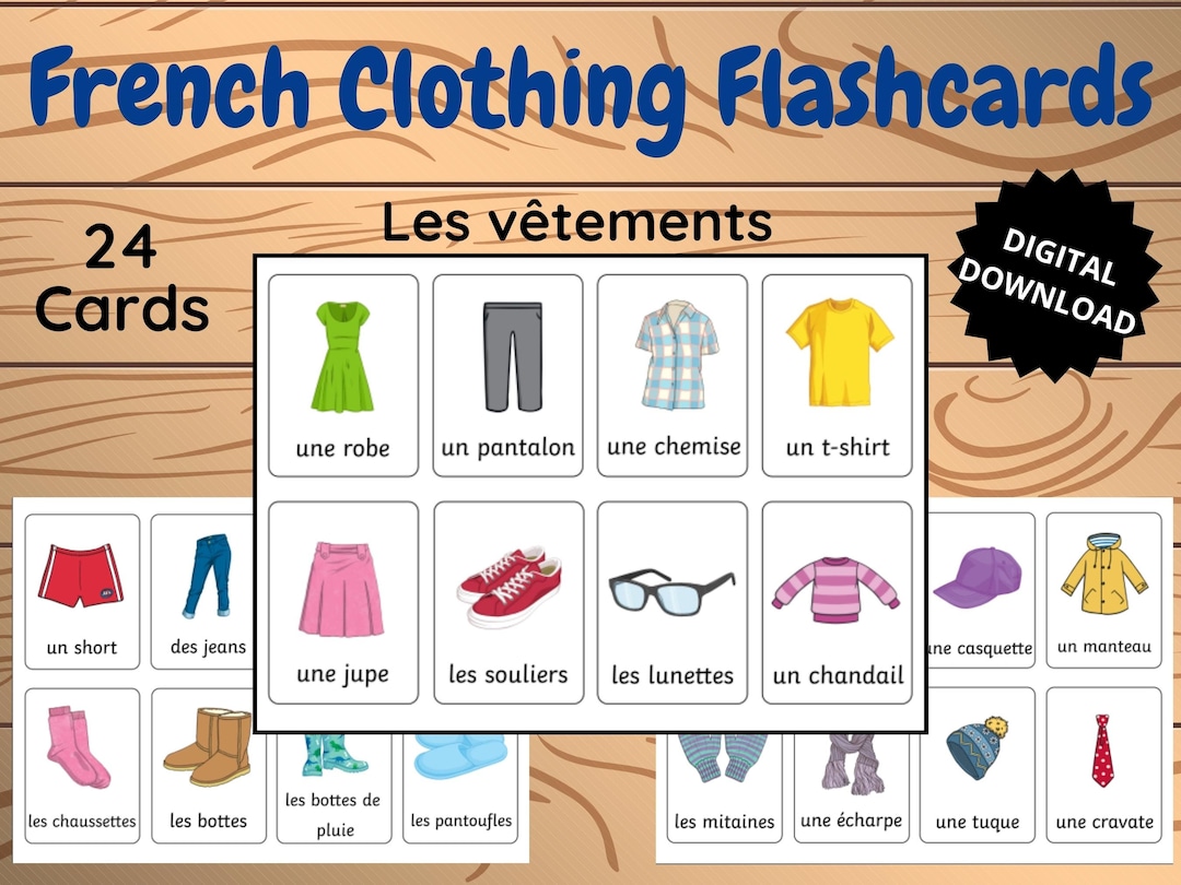 FRENCH CLOTHING PRINTABLE Flashcards, Basic French Vocabulary, France