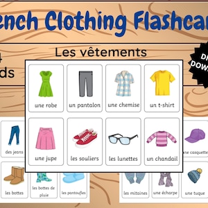 フランスの服の印刷可能なフラッシュカード、基本的なフランス語の語彙、フランスの教室のリソース、単語カード、フランス語の学習、ホームスクールの子供たち