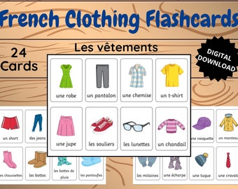 FRENCH CLOTHING PRINTABLE flashcards, basic French vocabulary, France classroom resource, word cards, learning French, homeschool kids