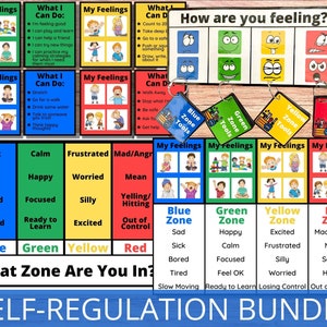 May include: A colorful chart with four zones: blue, green, yellow, and red. Each zone has a list of feelings and corresponding coping strategies. The chart is titled "What Zone Are You In?" and "Self-Regulation Bundle".