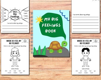 May include: A workbook for children to learn about big feelings. The cover features a green speech bubble with the text "My Big Feelings Book" and a cartoon turtle. The inside pages include activities like drawing, writing, and identifying where you feel your big feelings.