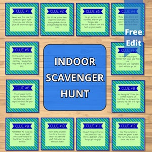 Pode incluir: Um jogo de ca&ccedil;a ao tesouro interior com doze pistas em cart&otilde;es individuais. Cada cart&atilde;o tem uma borda listrada verde e azul e texto. O centro da imagem mostra as palavras "INDOOR SCAVENGER HUNT".