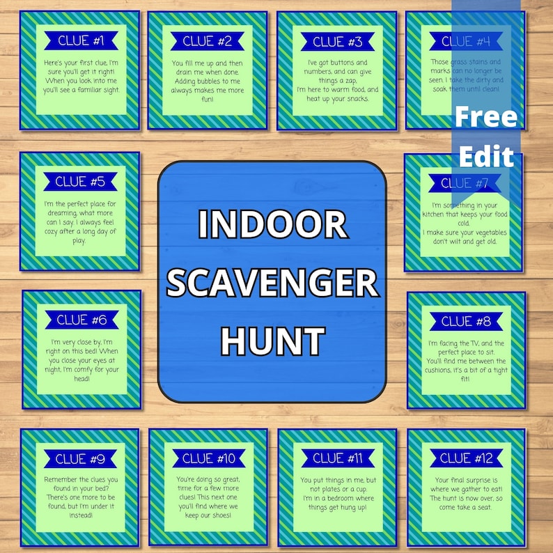 Pode incluir: Um jogo de ca&ccedil;a ao tesouro interior com doze pistas em cart&otilde;es individuais. Cada cart&atilde;o tem uma borda listrada verde e azul e texto. O centro da imagem mostra as palavras "INDOOR SCAVENGER HUNT".