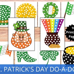 Pode incluir: Um conjunto de páginas para impressão com o tema do Dia de São Patrício com designs de pontos. As imagens incluem um duende, trevos, um pote de ouro e bandeiras irlandesas, todos com um padrão pontilhado. O texto diz "10 páginas para impressão".