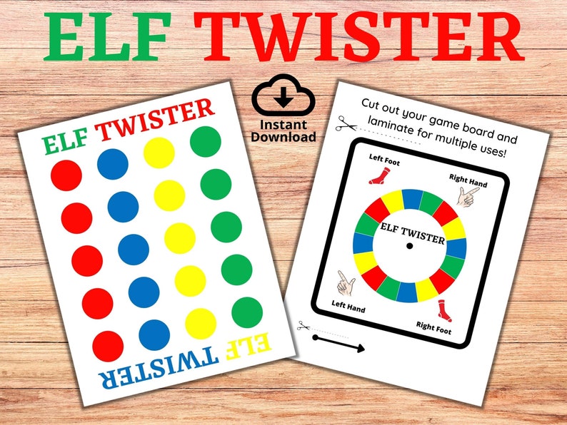 May include: Printable Elf Twister game with a spinner and a game board with red, blue, yellow, and green circles. The game board has the text "Elf Twister" printed on it. The spinner has the text "Elf Twister" printed on it. The spinner has the words "Left Foot", "Right Hand", "Left Hand", and "Right Foot" printed on it.