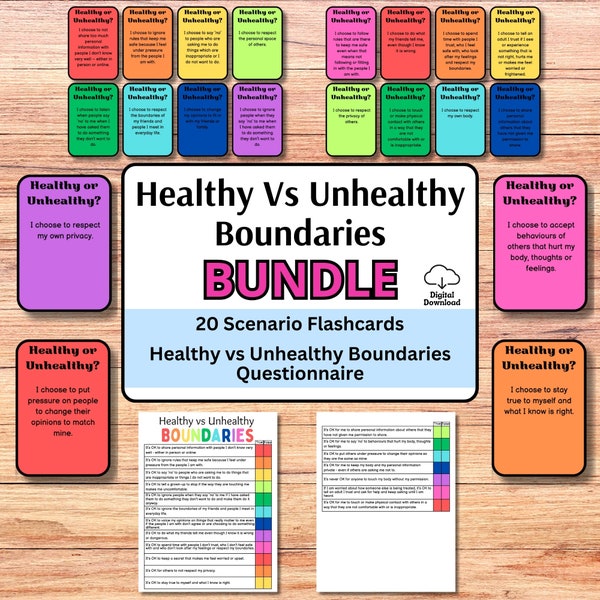 Healthy vs Unhealthy Boundaries Bundle, Learning About Setting Boundaries, Personal Boundaries Worksheet, Boundary Sorting Flashcards