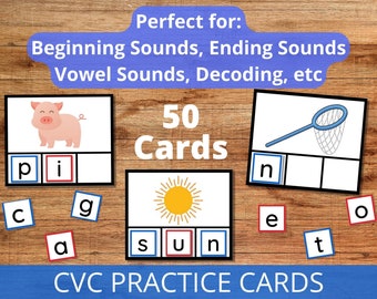 Op de afbeelding: Een set van 50 CVC-oefenkaarten met kleurrijke illustraties en lettertegels. De kaarten zijn ontworpen om kinderen te helpen begin-, eind- en klinkergeluiden te leren. De tekst op de kaarten luidt "50 Kaarten" en "CVC-OEFENKAARTEN".