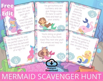 Mermaid Indoor Scavenger Hunt Printable, Birthday Scavenger Hunt, Treasure Hunt For Kids, Indoor Activity Idea for Rainy Day, Party Activity