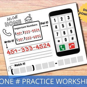 Learn My PHONE NUMBER Activity, Life Skills For Kids, Phone Number Practice Worksheet, Printable Learning Game, Kindergarten Prep