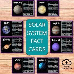 Pode incluir: Cart&otilde;es informativos sobre o sistema solar com imagens dos planetas Merc&uacute;rio, V&eacute;nus, Terra, Marte, J&uacute;piter, Saturno, Urano e Neptuno. Cada cart&atilde;o exibe dados como di&acirc;metro, luas, dist&acirc;ncia do sol e temperatura.