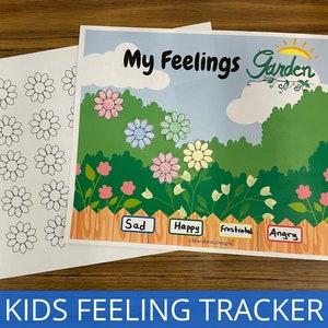 May include: A printable kids feeling tracker with a garden theme. The tracker features a chart with four sections labeled "Sad", "Happy", "Frustrated", and "Angry". There are also flowers in the garden that can be colored in to represent different feelings.
