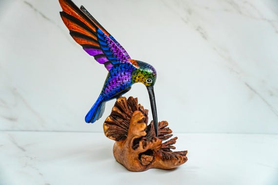 Painted Hummingbird Statue, Wooden Sculpture, Colorful Art, Nature, Gifts, Handmade, Office Decor,