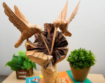 Hand Carved Hummingbird Wooden Statue: Jempinis Wood & Parasite Wood Art
