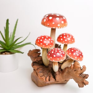 Hand-Carved Wooden Red Toadstool Sculpture: Whimsical Fairy Garden Decor