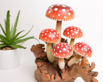 Hand-Carved Wooden Red Toadstool Sculpture: Whimsical Fairy Garden Decor