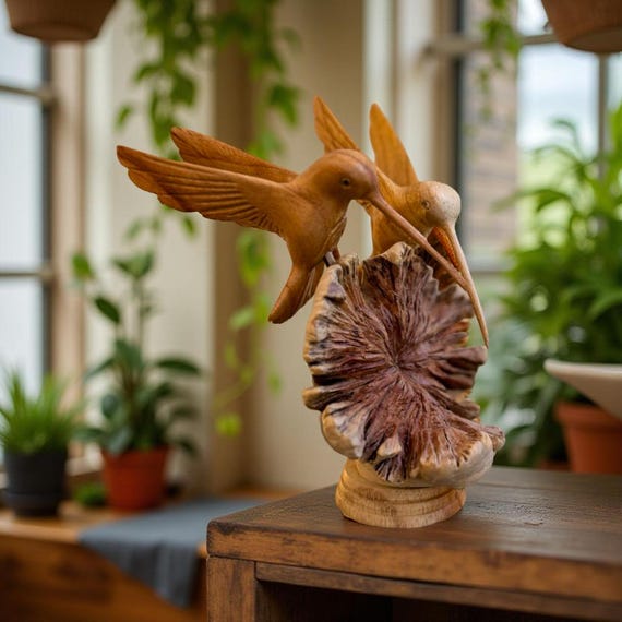 A Couple Hummingbird Wooden Statue, Wood Carving, Bird Statue, Handmade Decor, wooden art, gifts, wooden Bird, table decor, best gift,