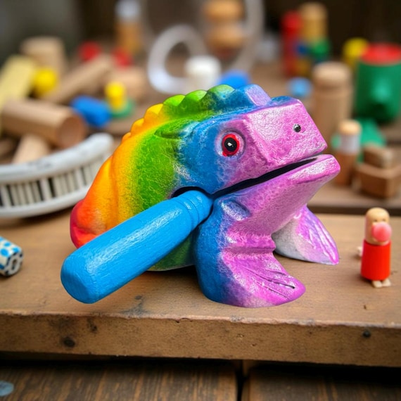 Huge frog 8 “ Colorful. wood croaking rainbow. rainbow frog. wooden instrument. frog musical. painted frog. rainbow frog gift. best gift