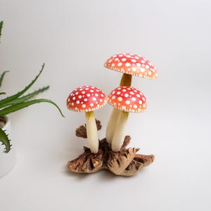 Hand-Carved Wooden Toadstool Sculpture: Red Mushroom Fairy Garden Decor