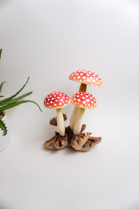 Painted Wooden Red Toadstool Mushroom Sculpture – Fairy Garden Décor, Rustic Woodland Ornament, Artisan Wood Carving, Whimsical Gift