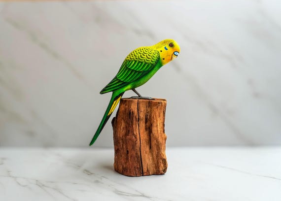 Green Budgie Parakeet Budgerigar Parrot. Wooden Bird. Wooden Hand Painted
