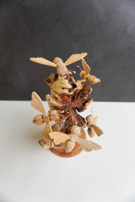 Handcrafted Wooden Bee on a parasite wood Sculpture – Nature Home Decor