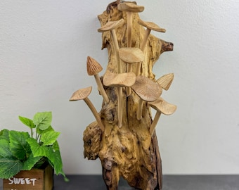 Wooden Mushrooms Wall hanging. Hand Carved Wooden Mushroom Sculpture: Home Decor Art